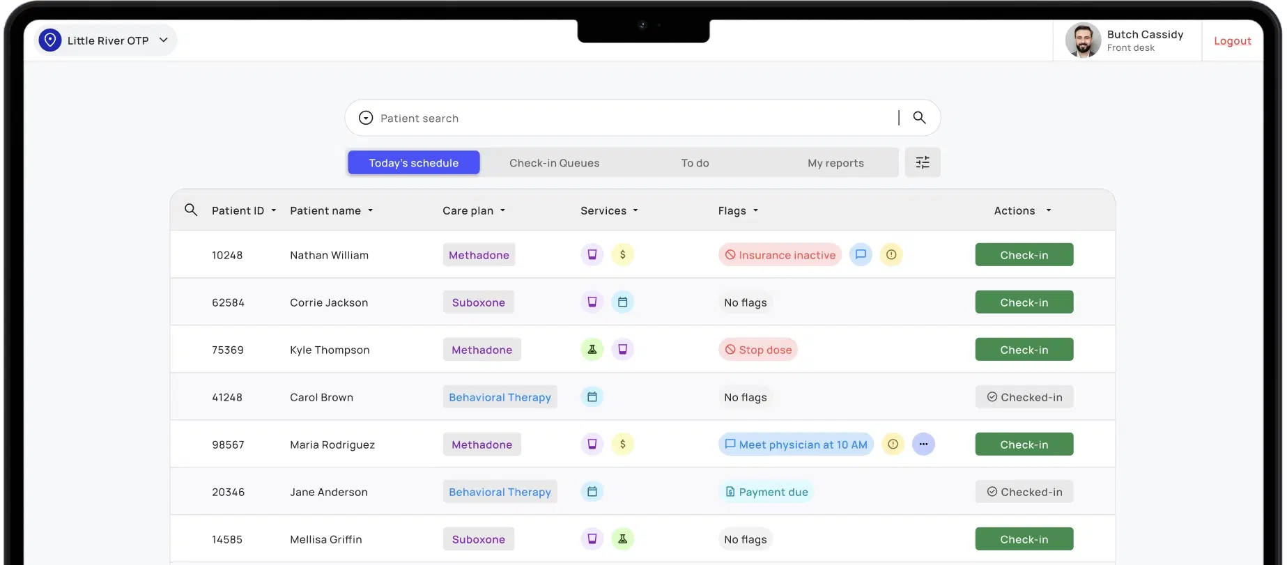 CurerTech EMR patient schedule dashboard shown on a MacBook