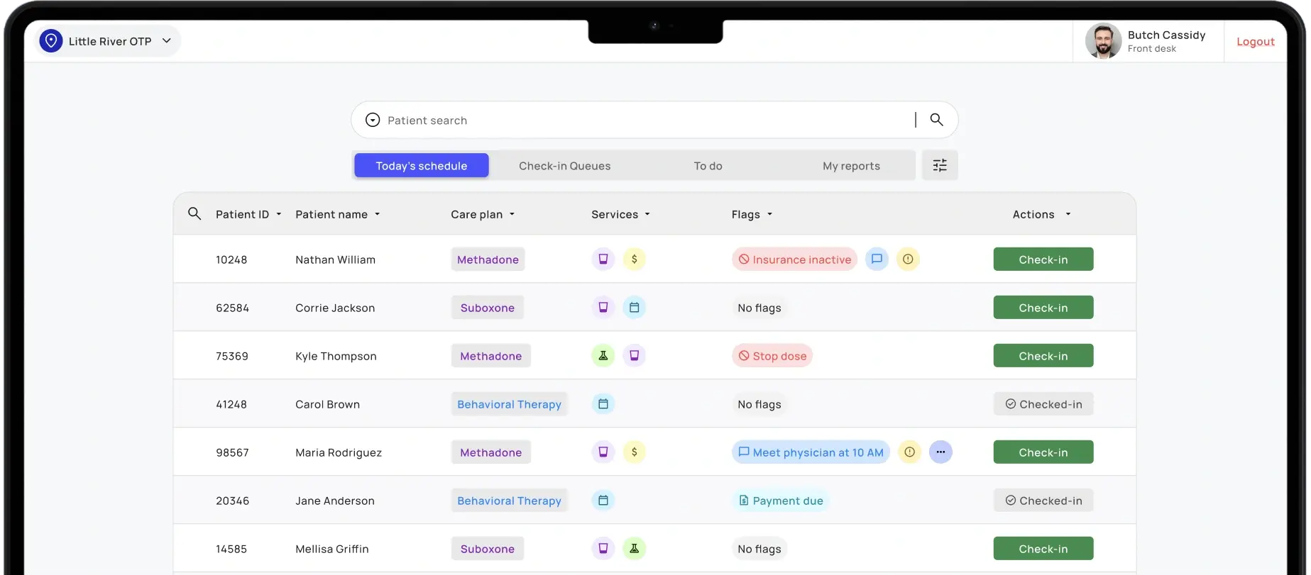 CurerTech EMR patient schedule dashboard shown on a MacBook
